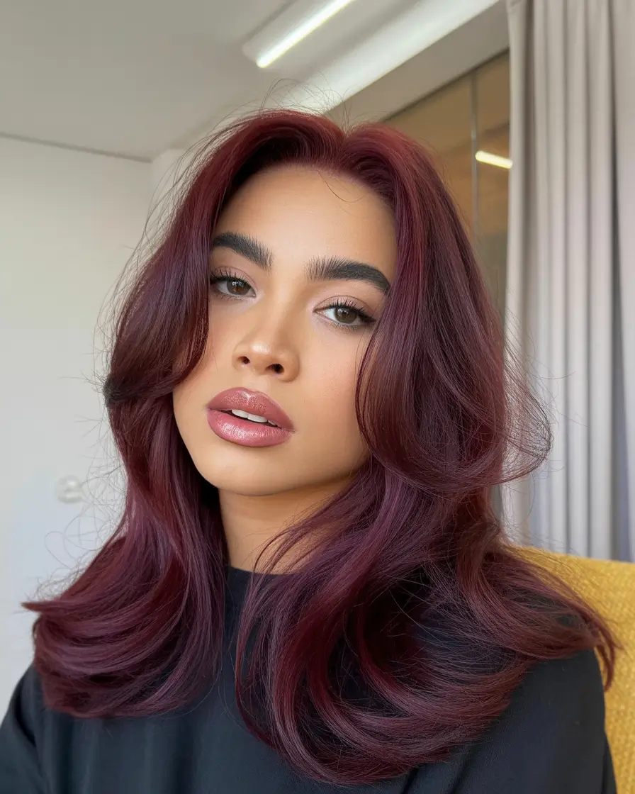 february hair color ideas 2026 Deep Cherry Layers With Soft Face Framing