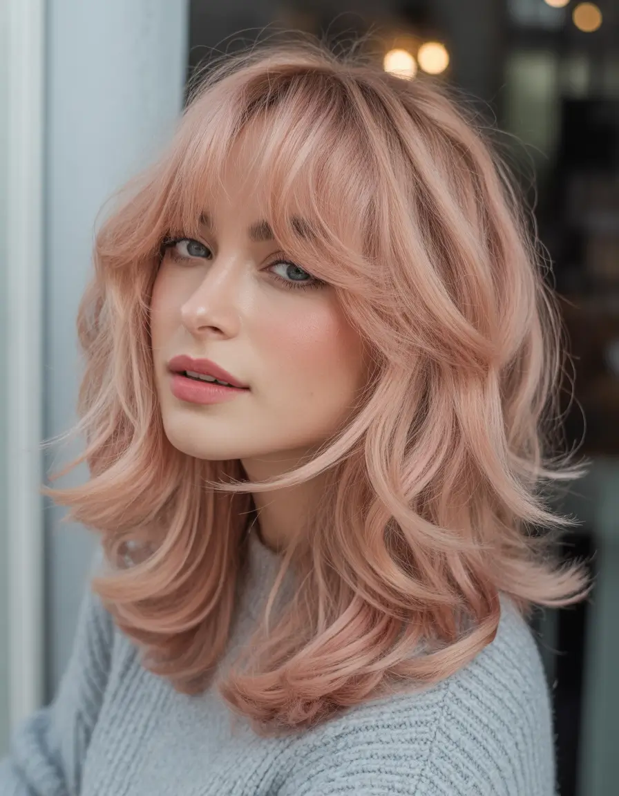 february hair color ideas 2026 Soft Rose Gold Layers With Curtains