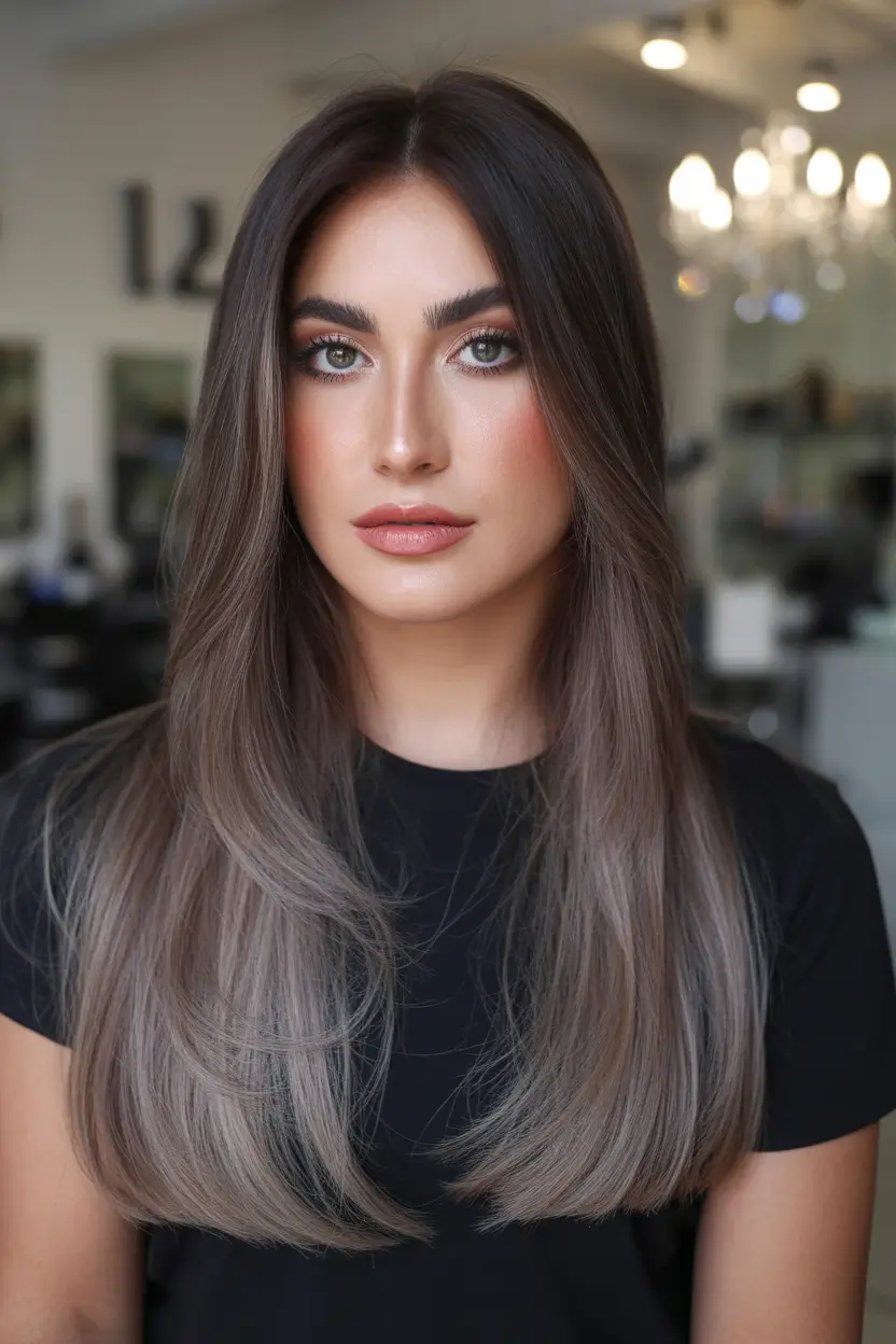 february hair color ideas 2026 Smoky Brunette Melt With Cool Dimension