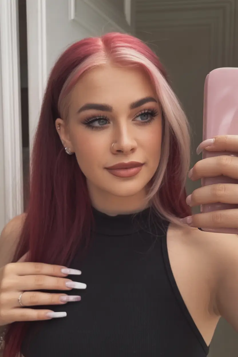 february hair color ideas 2026 Two Tone Pink and Berry Contrast