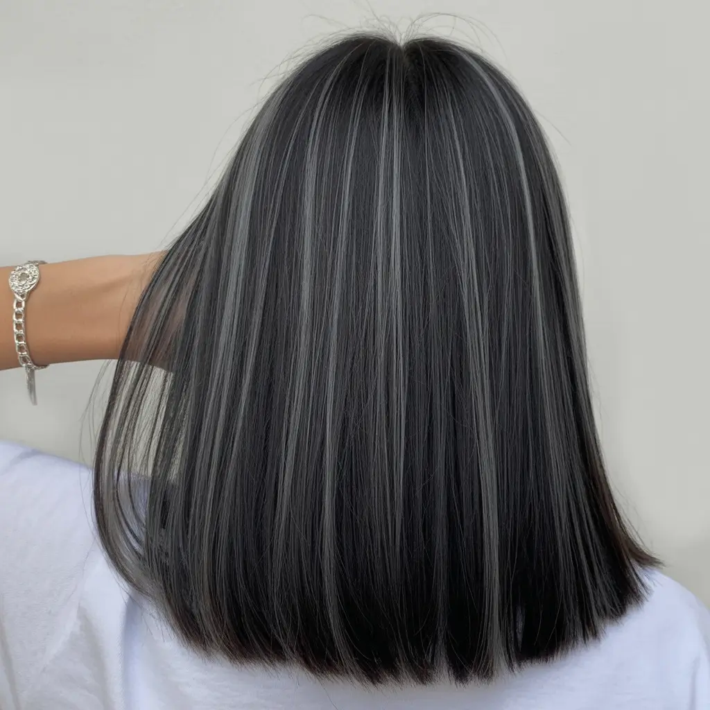 february hair color ideas 2026 Charcoal Ribbon Highlights On Sleek Bob