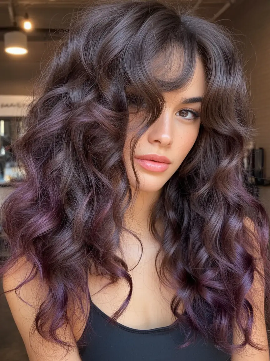 february hair color ideas 2026 Plum Kissed Curls With Soft Volume