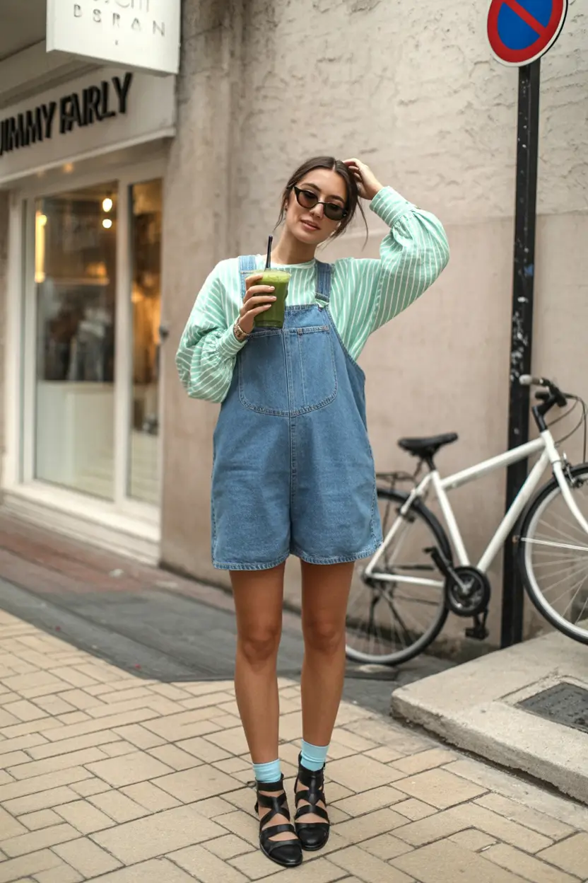 minimalist spring dress outfits 2026 Green striped freshness with denim spring ease