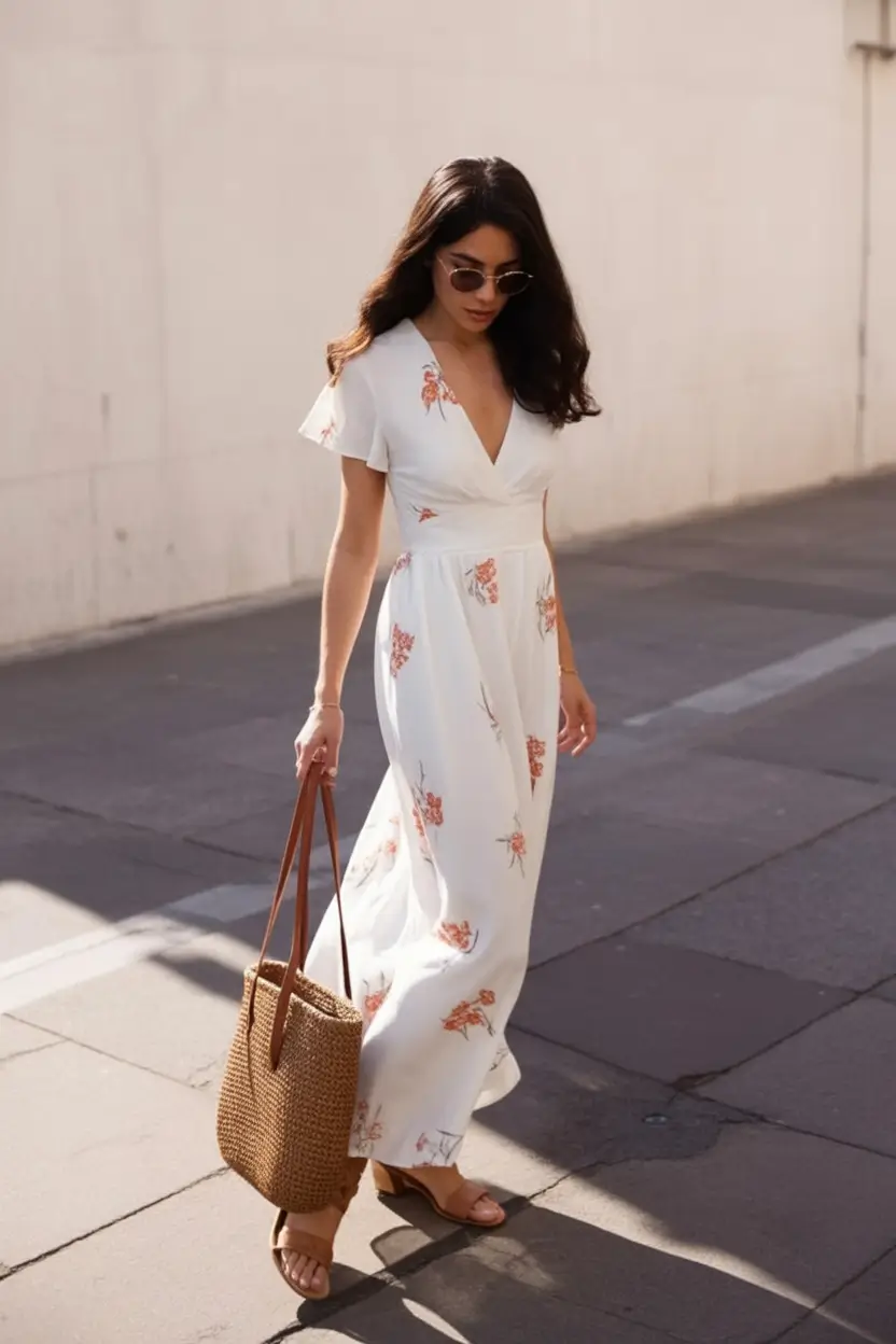 minimalist spring dress outfits 2026 White floral flow for warm spring afternoons
