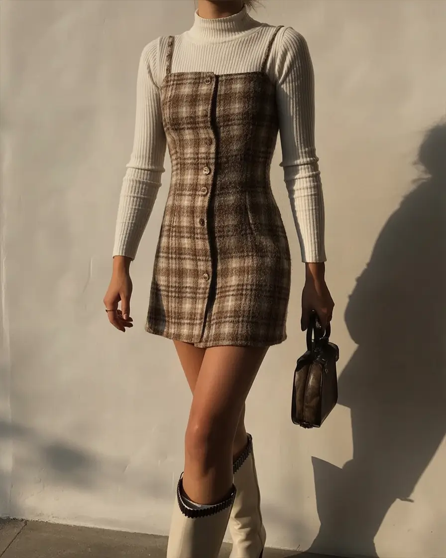 minimalist spring dress outfits 2026 Warm plaid simplicity for golden spring light