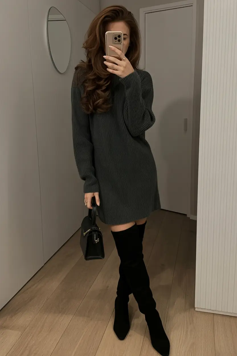 minimalist spring dress outfits 2026 Charcoal knit minimalism with tall sleek boots