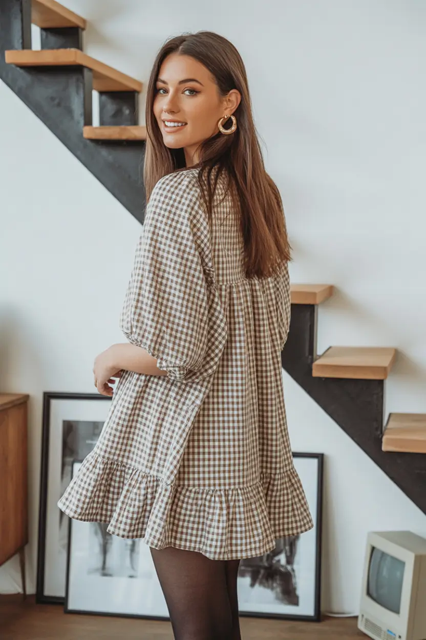 minimalist spring dress outfits 2026 Soft brown gingham with light spring volume