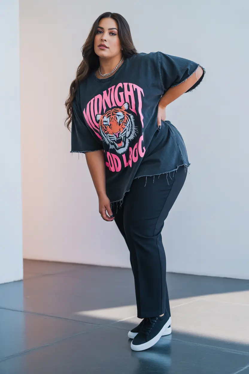 modern plus size spring outfits 2026 Edgy Graphic Volume with Sleek Black Trousers