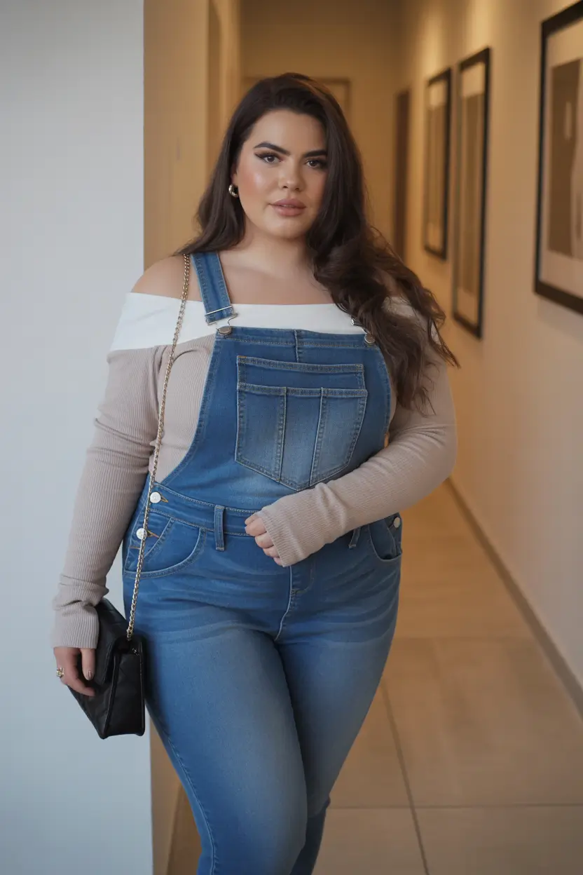 modern plus size spring outfits 2026 Denim Overalls with Soft Off Shoulder Layers