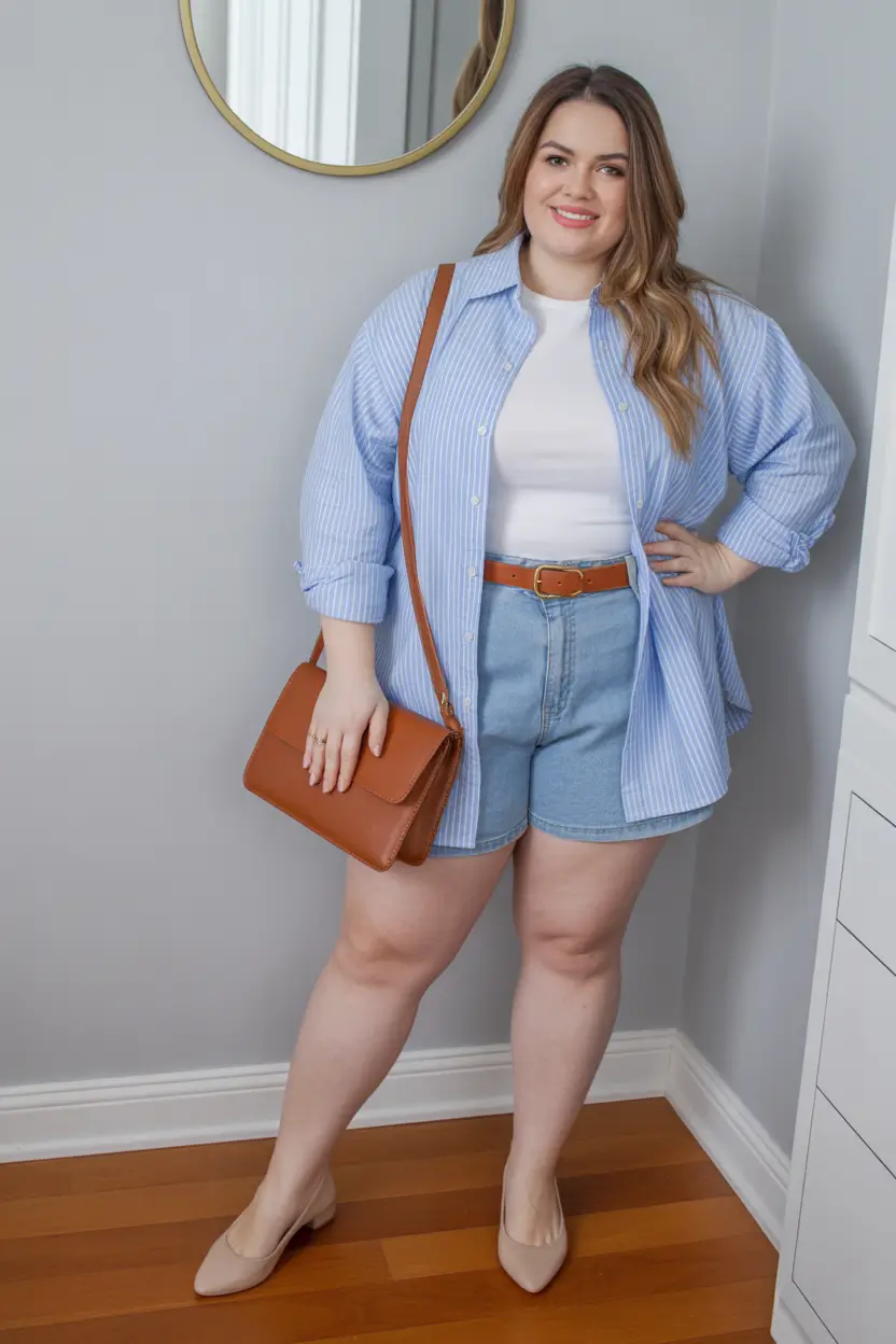 modern plus size spring outfits 2026 Fresh Blue Stripes with Denim Shorts Ease