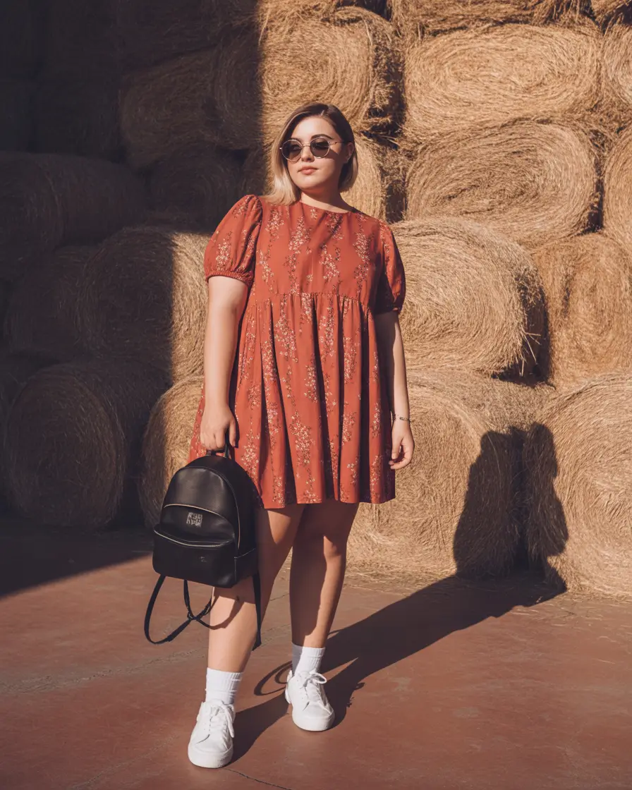 modern plus size spring outfits 2026 Rusty Floral Dress with White Sneaker Balance