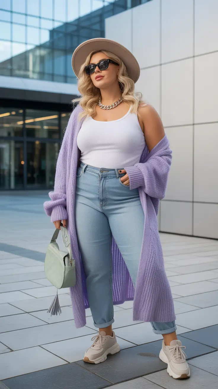 modern plus size spring outfits 2026 Lavender Layers with Light Denim Glow