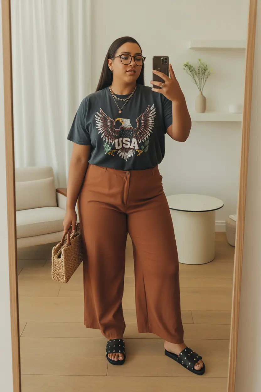 modern plus size spring outfits 2026 Graphic Ease with Warm Brown Trousers
