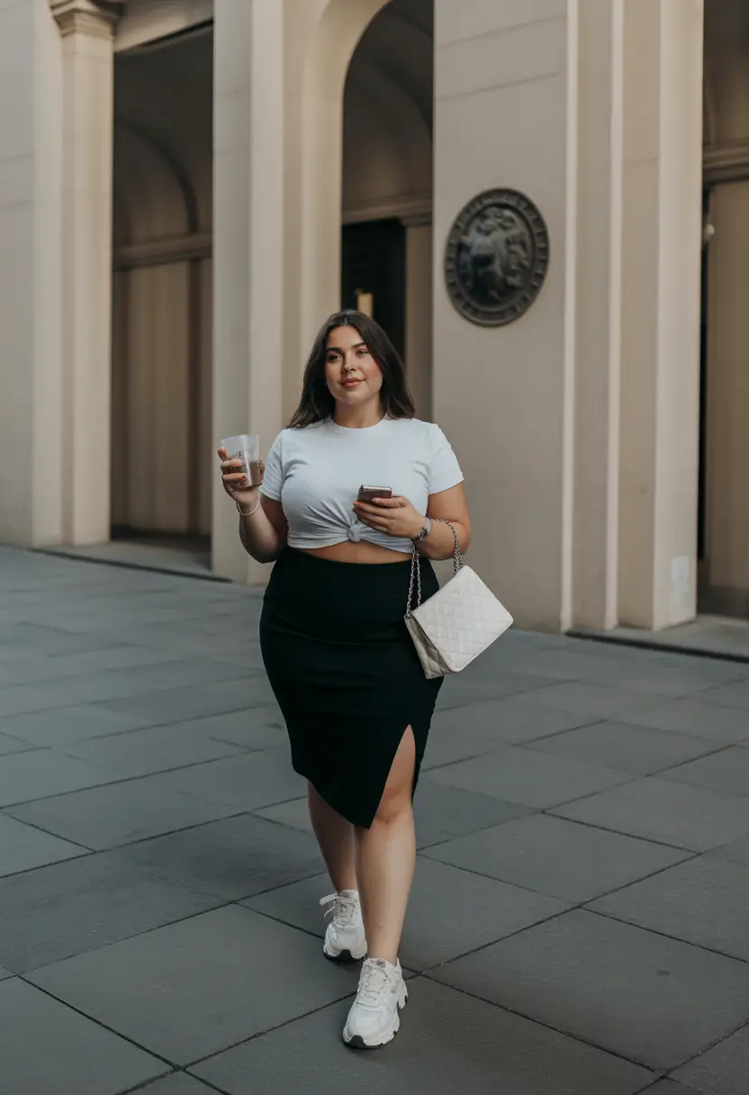 modern plus size spring outfits 2026 Knotted Tee with Sleek Black Skirt Energy