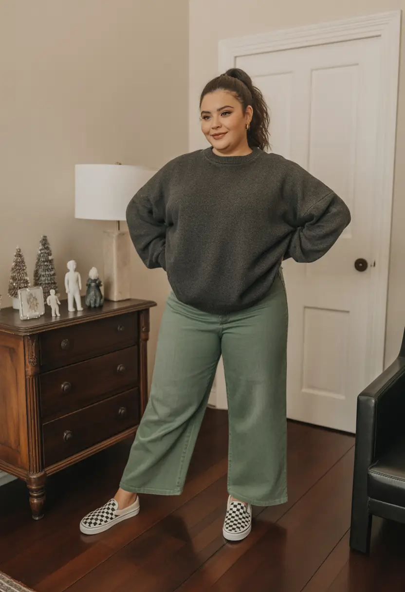 modern plus size spring outfits 2026 Cozy Softness with Muted Green Denim