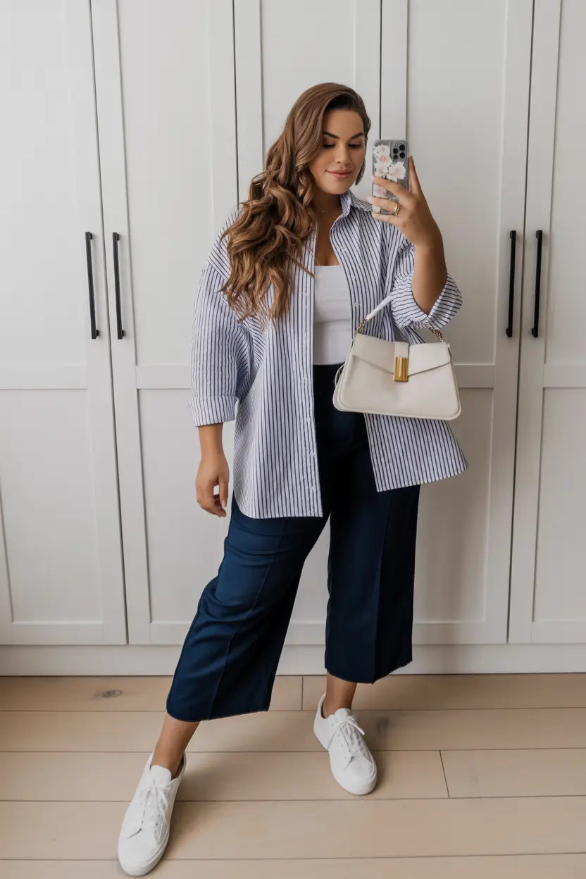 modern plus size spring outfits 2026 Striped Layering with Navy Cropped Trousers