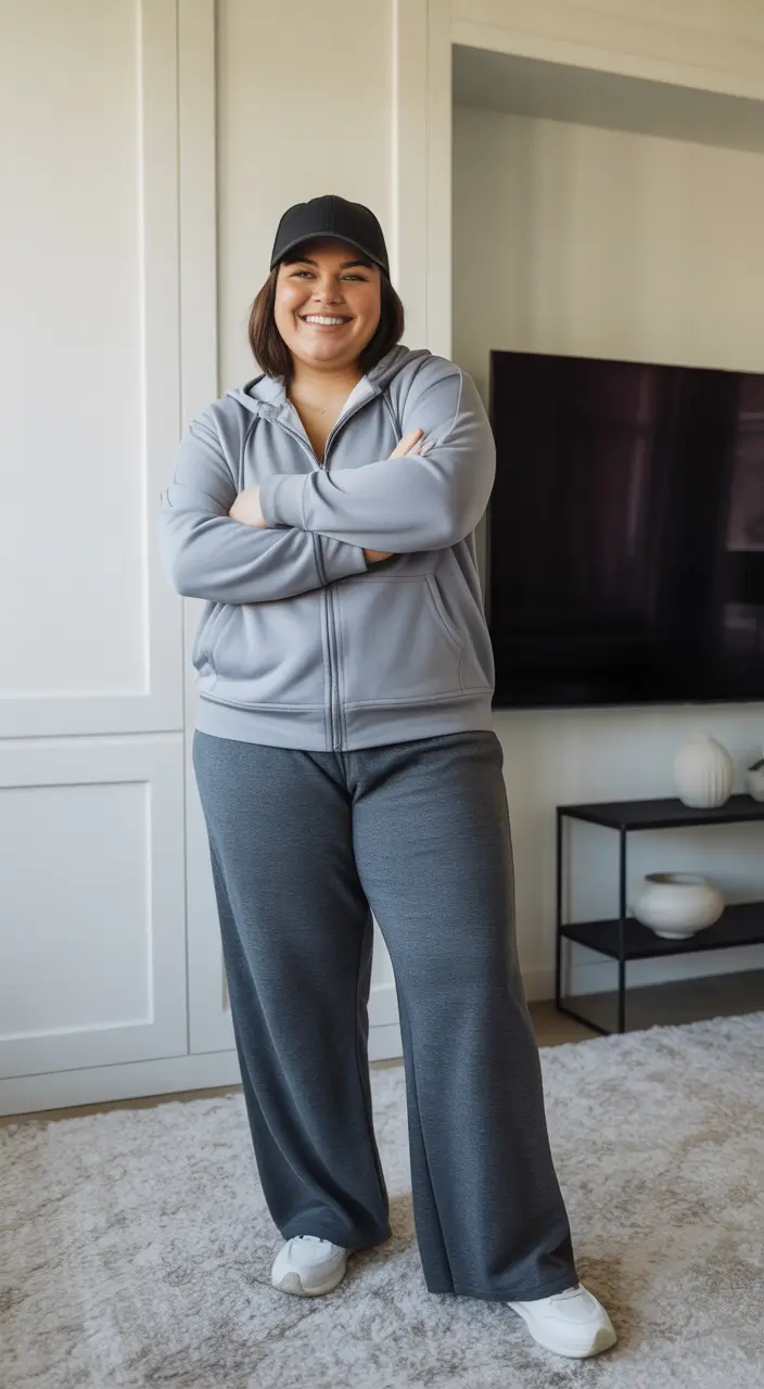 modern plus size spring outfits 2026 Soft Athleisure Warmth for Cool Mornings