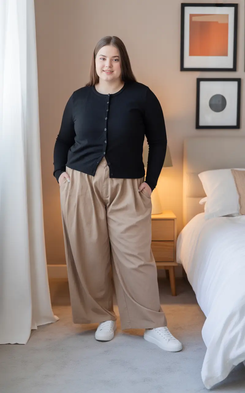 modern plus size spring outfits 2026 Black Cardigan with Relaxed Stone Trousers