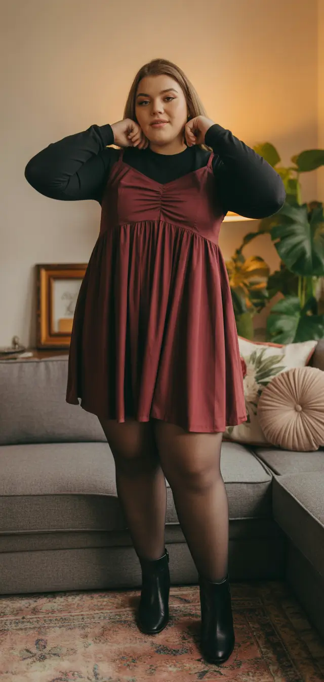 modern plus size spring outfits 2026 Layered Burgundy Dress with Soft Black Accents