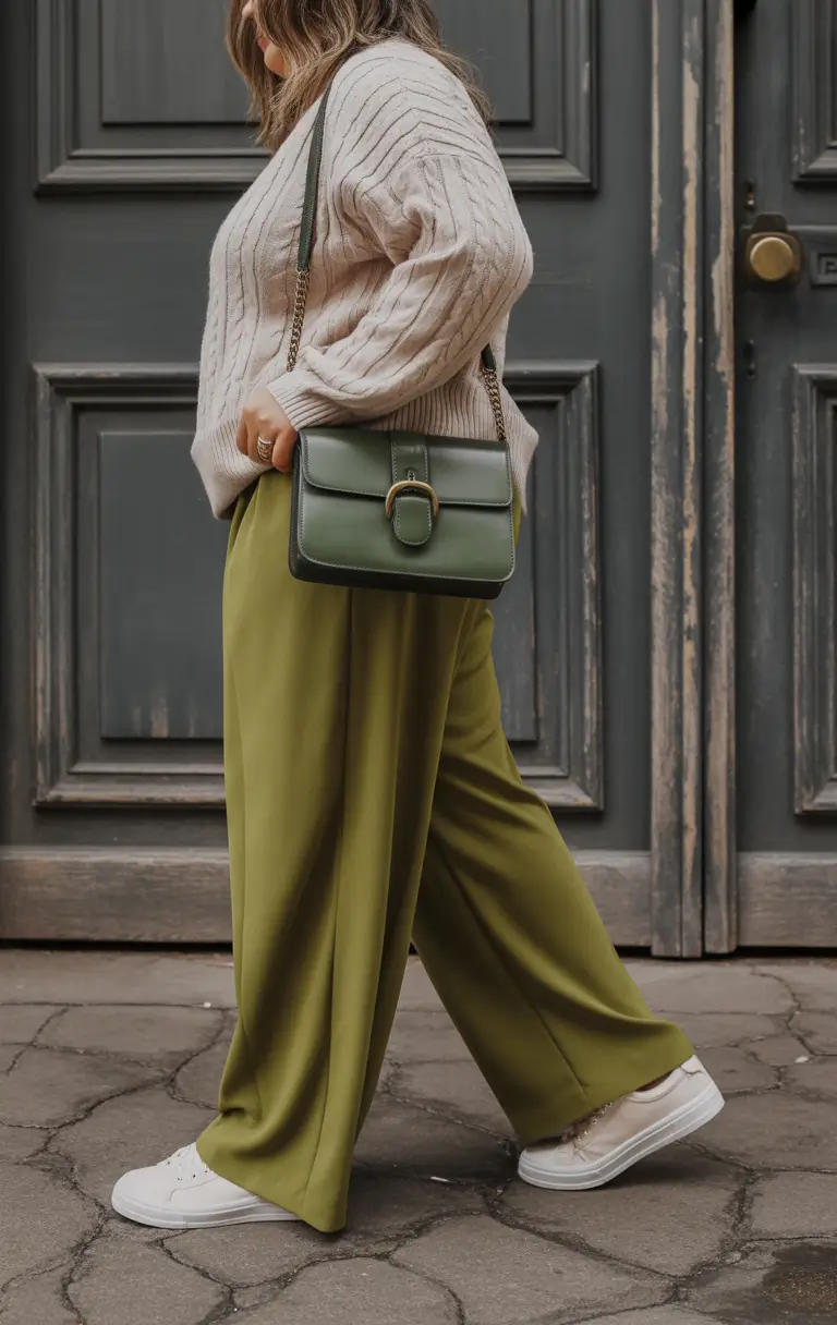 modern plus size spring outfits 2026 Neutral Sweater Elegance with Olive Wide Leg Pants