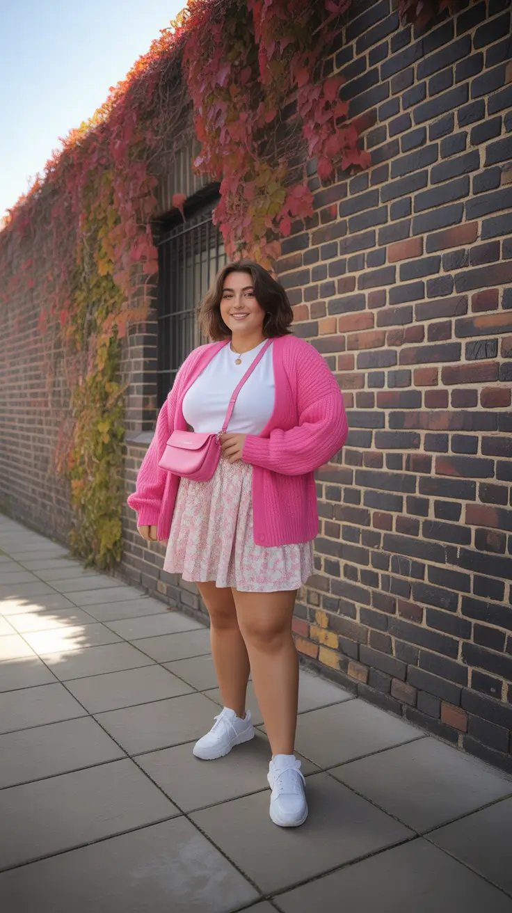 modern plus size spring outfits 2026 Playful Pink Layers with Floral Skirt Movement