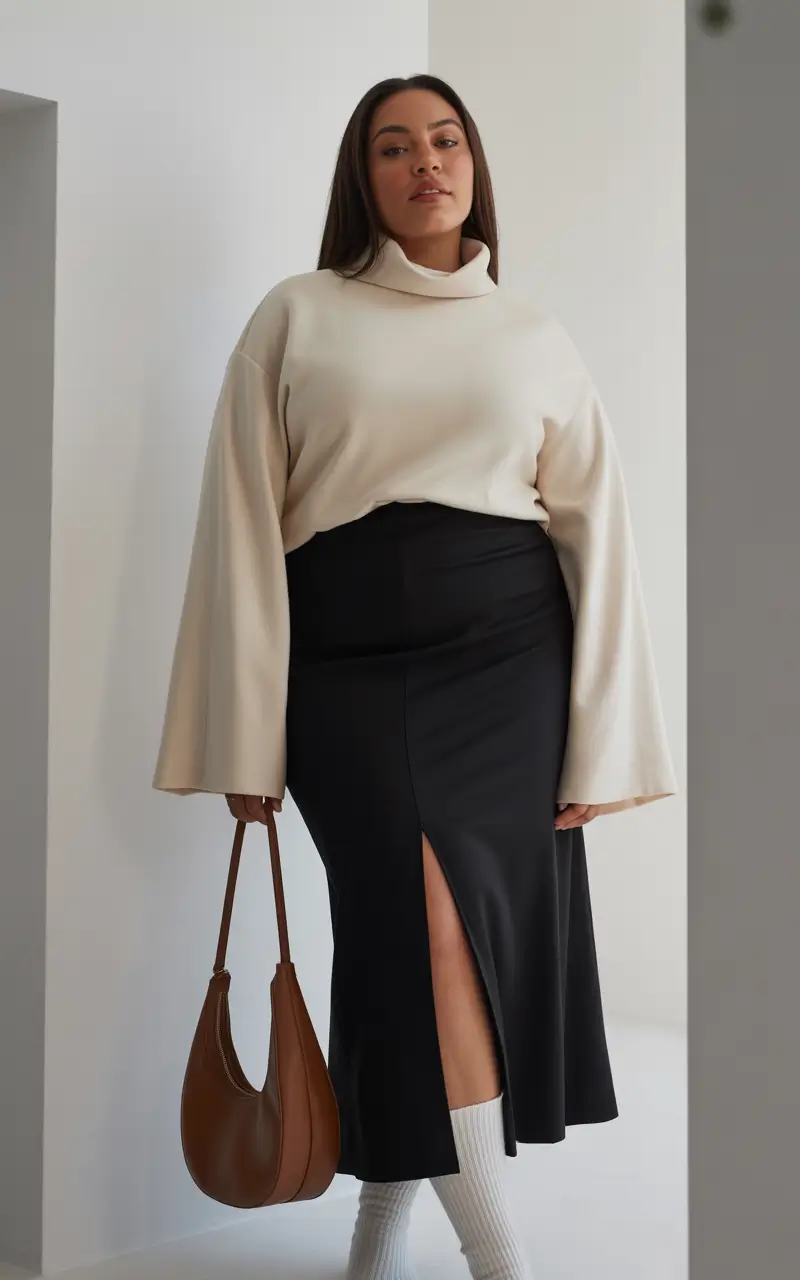 modern plus size spring outfits 2026 Textured Cream Knit with Sleek Black Skirt Drama