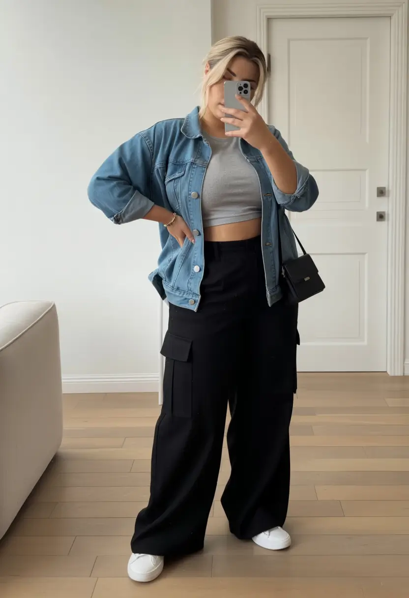 modern plus size spring outfits 2026 Denim Layers with Cargo Cool Girl Vibes