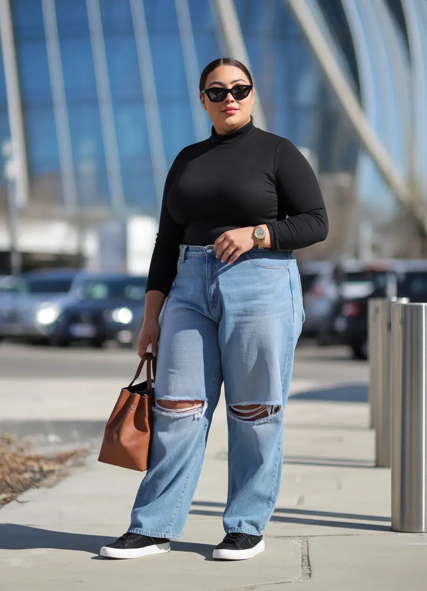 modern plus size spring outfits 2026 Ripped Denim with Polished Minimalism