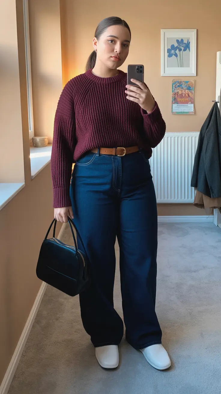 modern plus size spring outfits 2026 Rich Knit Comfort with Deep Indigo Denim