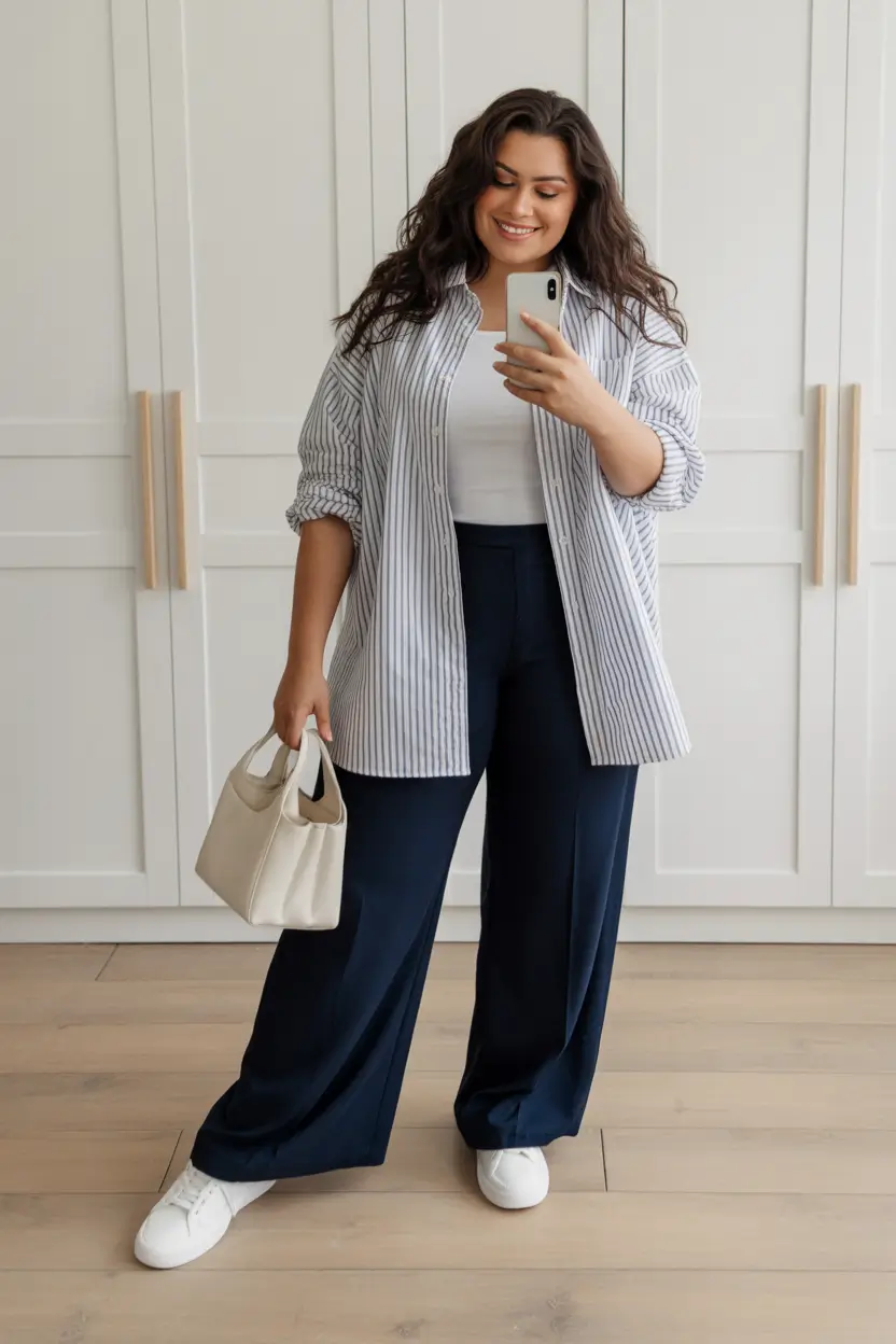 modern plus size spring outfits 2026 Striped Overshirt Ease with Navy Trousers
