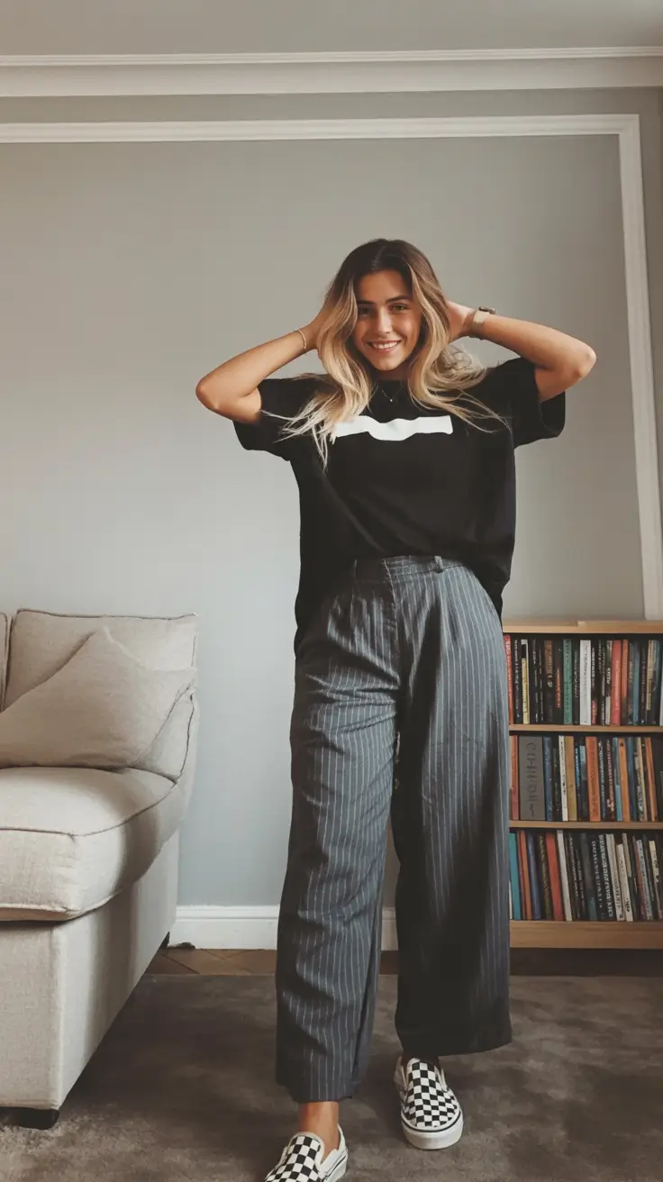 modern plus size spring outfits 2026 Pinstripe Comfort with a Laid Back Graphic Twist