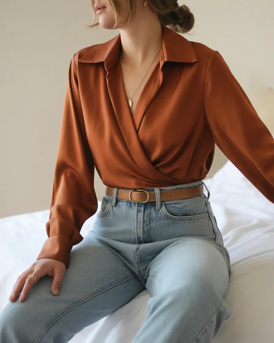 modern spring outfits 2026 trends Warm Satin With Softly Structured Denim