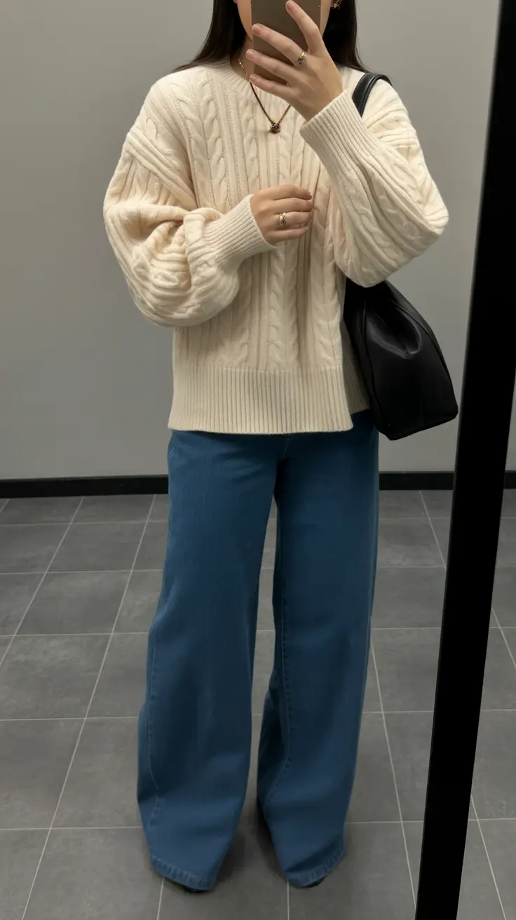 modern spring workwear 2026 Cable-knit comfort with effortless spring denim