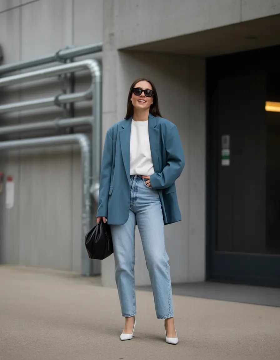 modern spring workwear 2026 Soft blue tailoring with clean spring denim