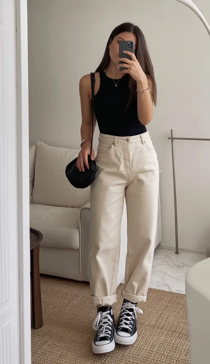 must-have modest spring outfits 2026 Black Tank with Cream Denim Simplicity