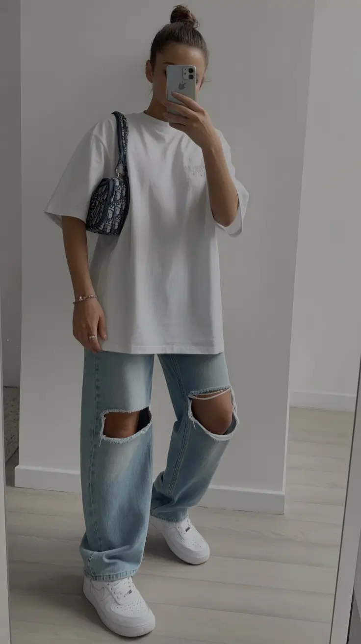 must-have modest spring outfits 2026 Oversized Tee with Distressed Denim Ease