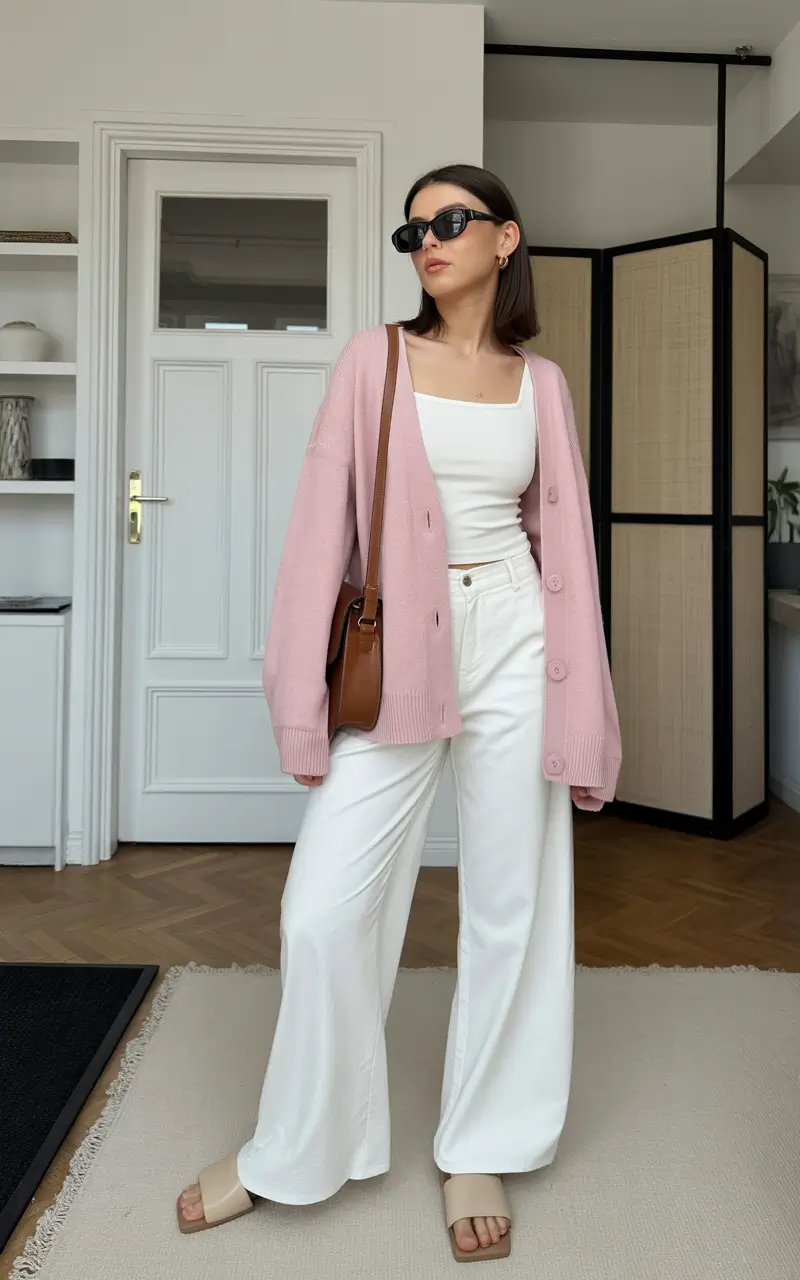 must-have modest spring outfits 2026 Blush Cardigan with Wide White Denim