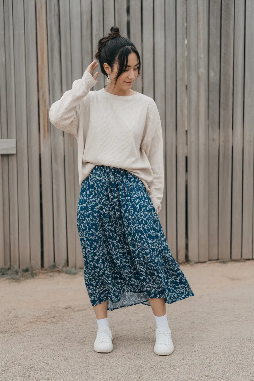 must-have modest spring outfits 2026 Beige Knit with a Blue Floral Midi Flow
