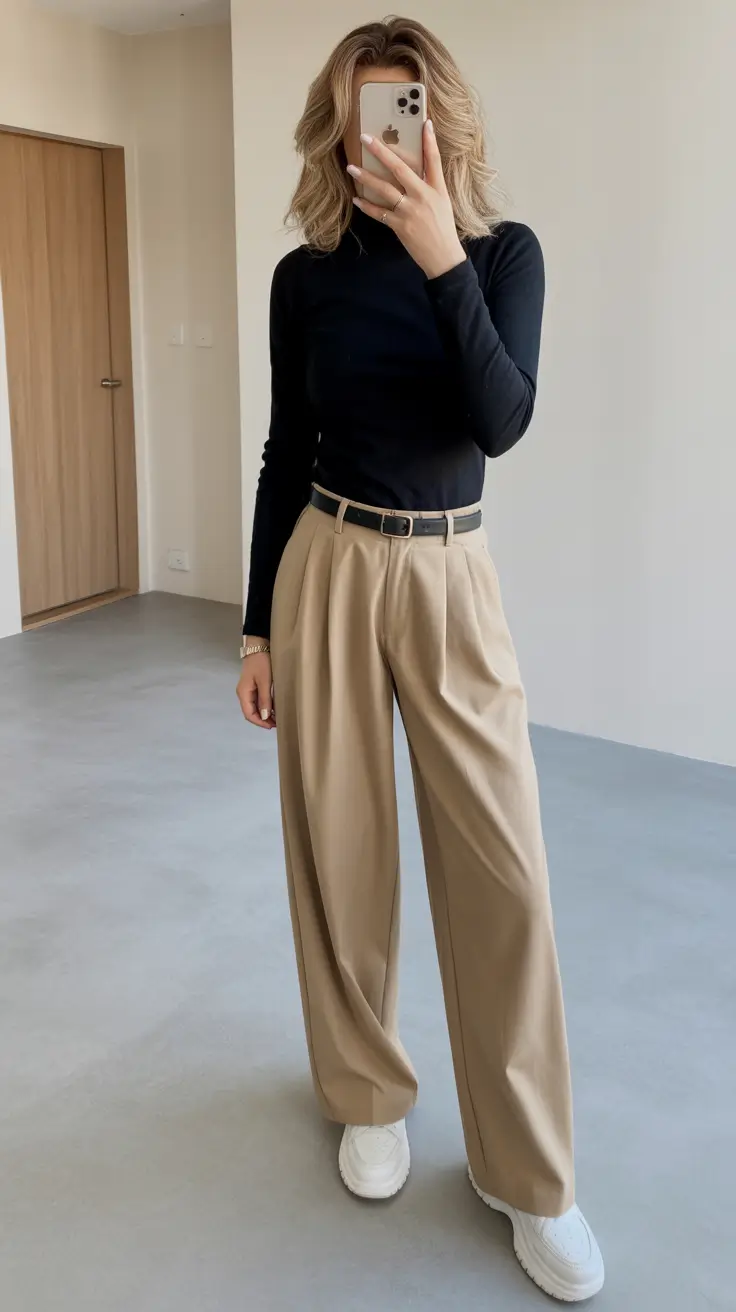 must-have modest spring outfits 2026 Black Fitted Top with Tailored Camel Trousers