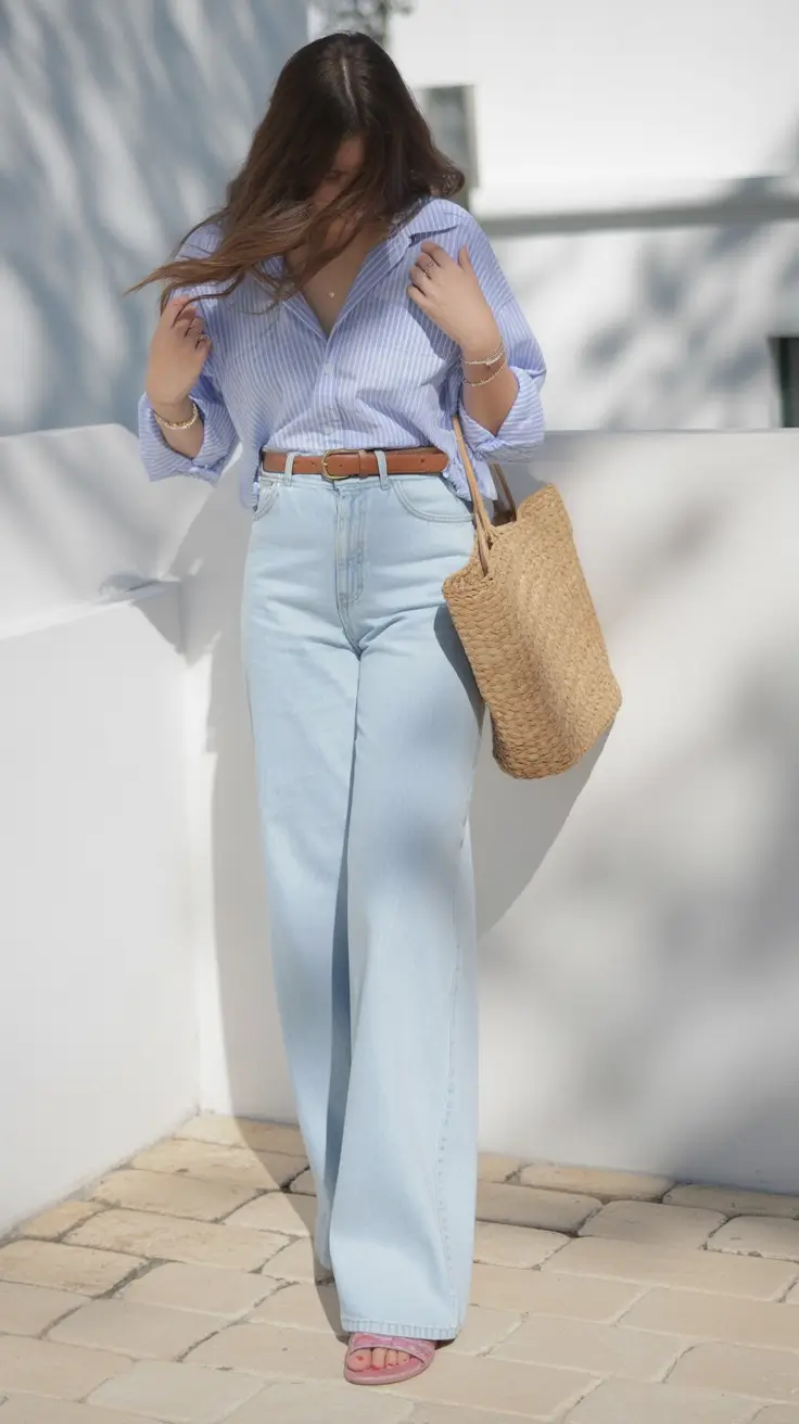 must-have modest spring outfits 2026 Striped Soft Shirt and Light Wash Denim Ease