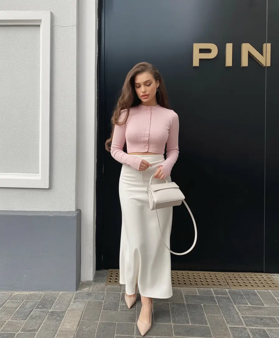 must-have modest spring outfits 2026 Blush Knit Elegance with a White Midi Skirt