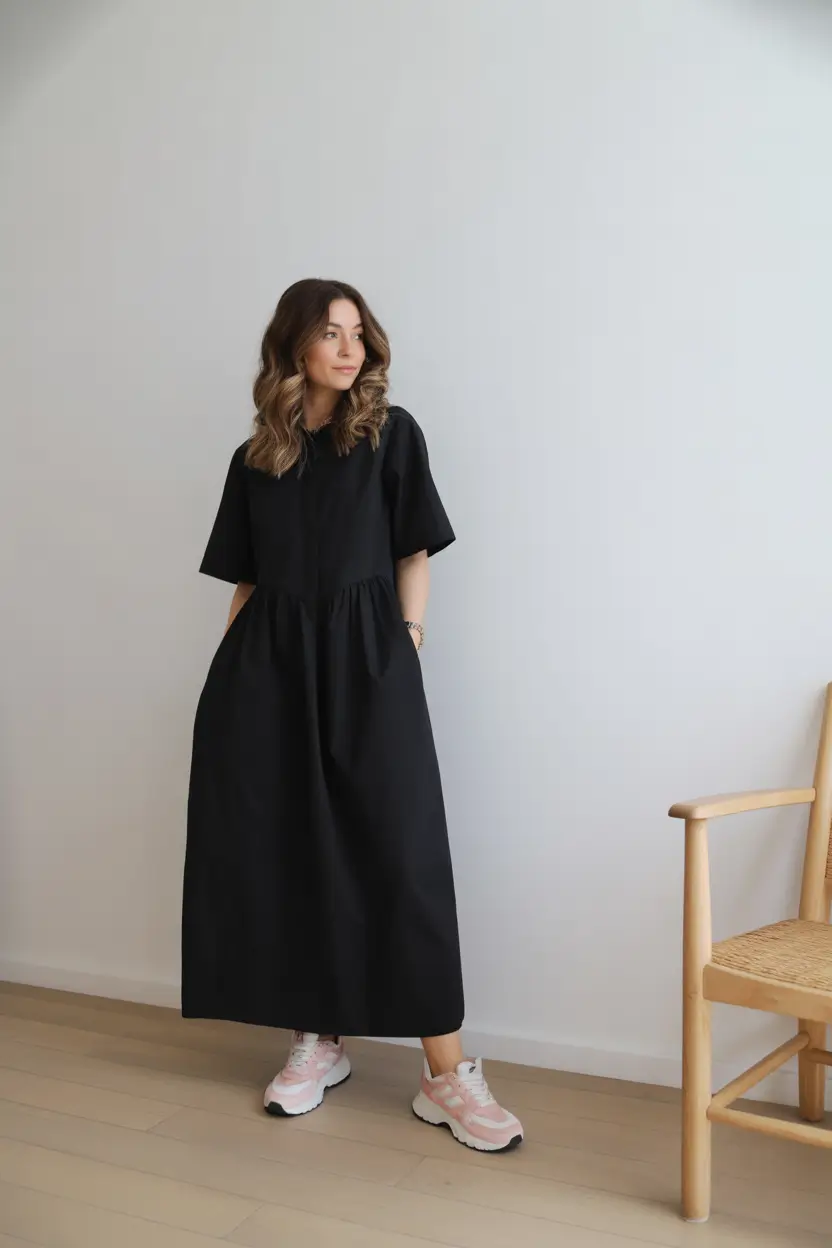 must-have modest spring outfits 2026 Minimal Black Maxi with Soft Sneakers