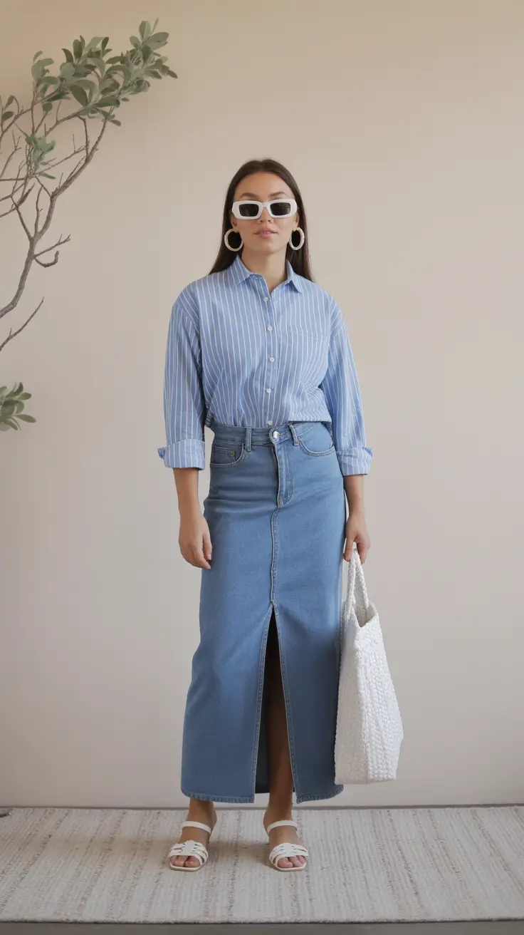 must-have modest spring outfits 2026 Striped Button Down with a Denim Skirt Split