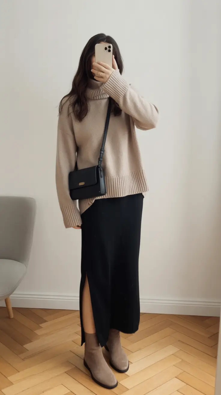 must-have modest spring outfits 2026 Soft Neutrals with a Streamlined Black Midi