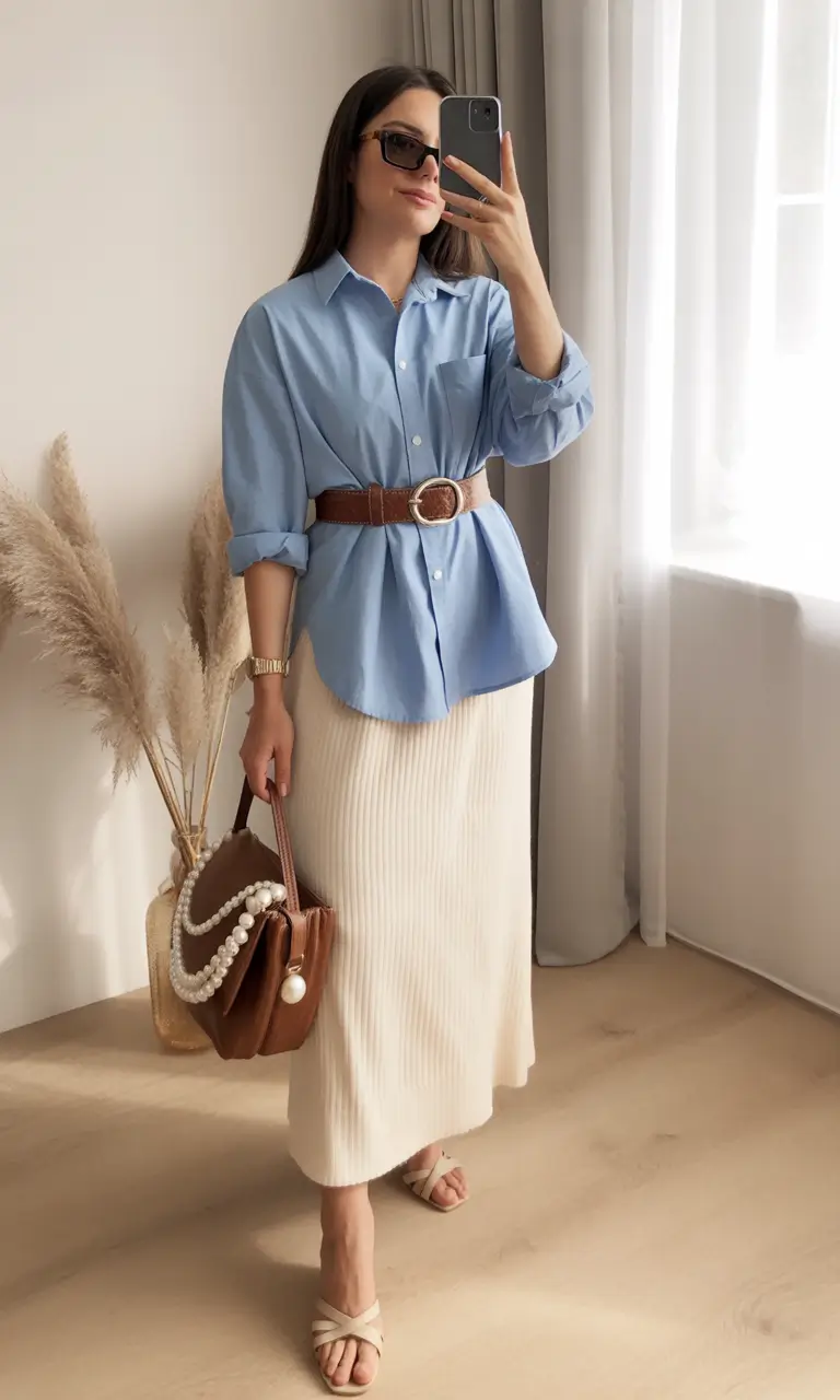 must-have modest spring outfits 2026 Soft Blue Shirt with Cream Knit Skirt Elegance