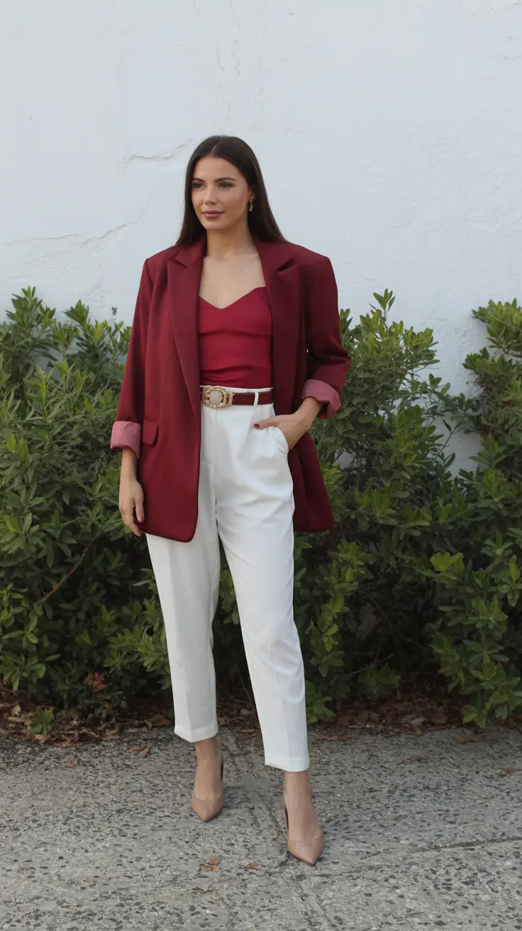 spring formal outfits 2026 Warm Burgundy Tones With Crisp Spring Whites