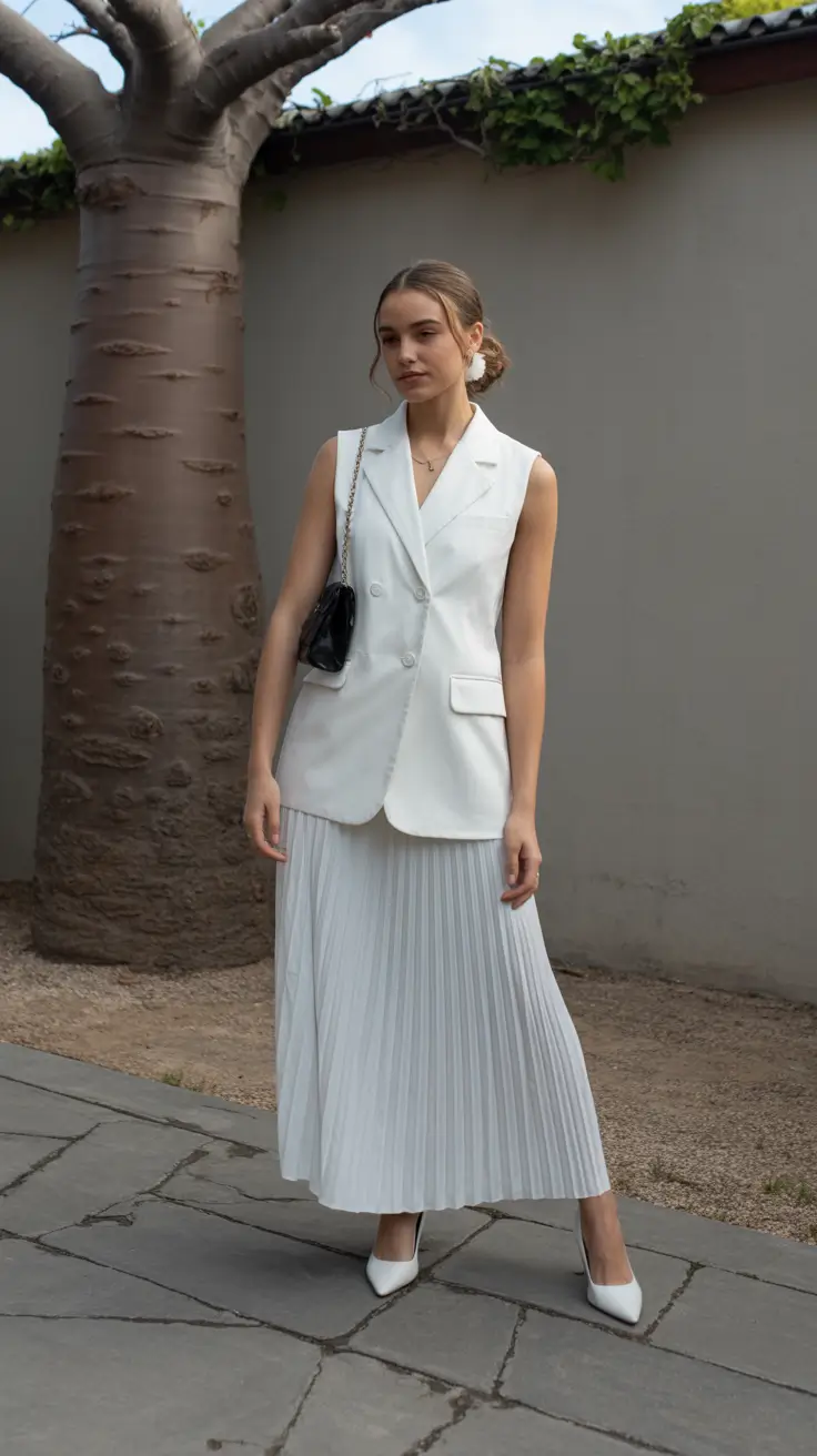 spring formal outfits 2026 White Tailored Vest With Flowing Pleats