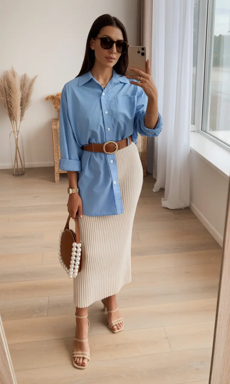 spring formal outfits 2026 Soft Blue Shirt With Textured Spring Knits