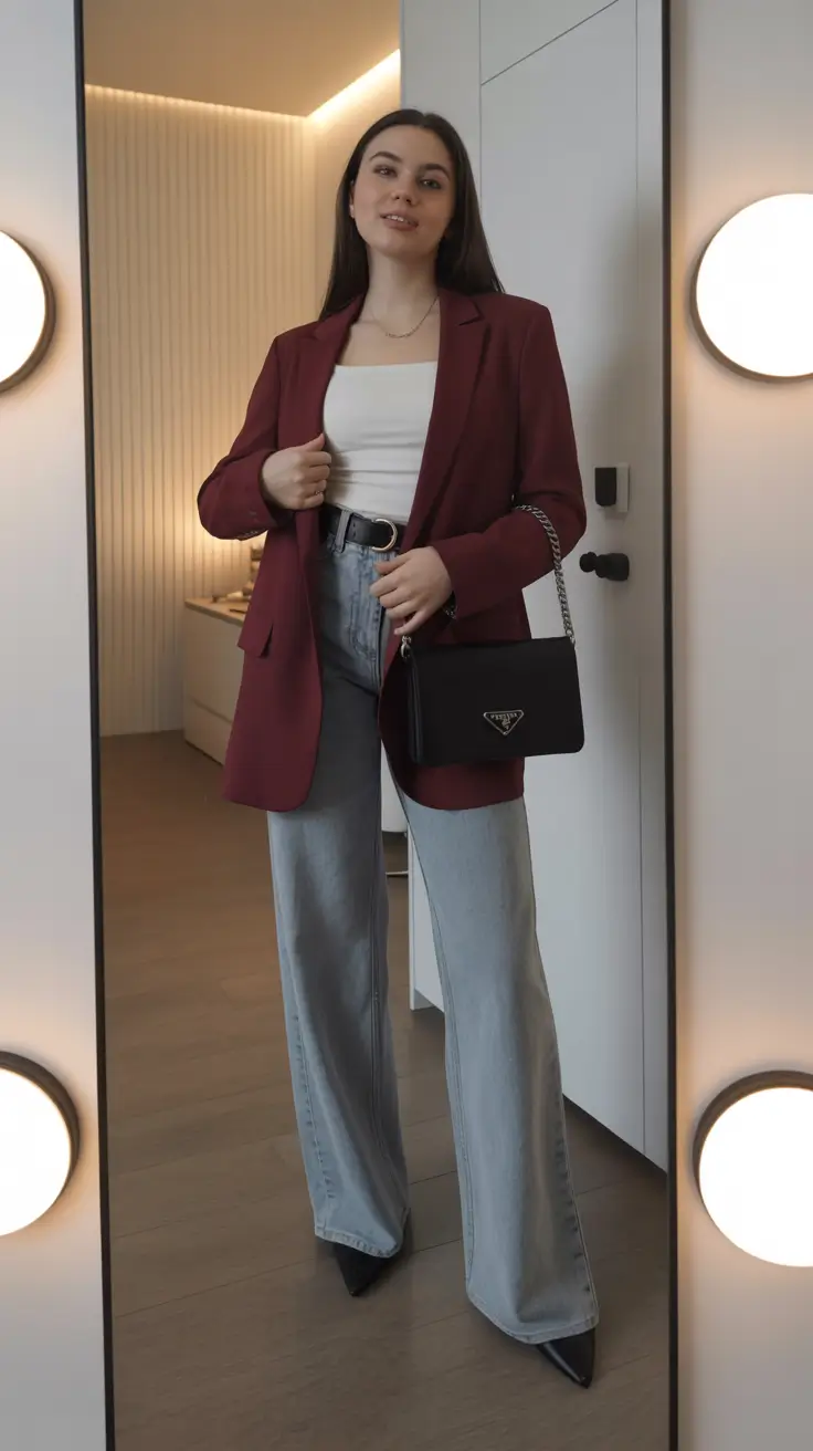 spring formal outfits 2026 Burgundy Tailoring With Denim Ease