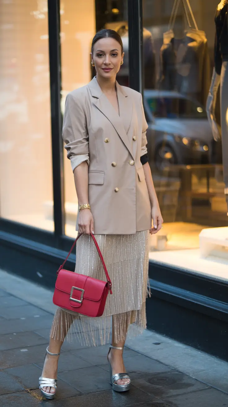 spring formal outfits 2026 Champagne Fringe Skirt With Neutral Tailoring